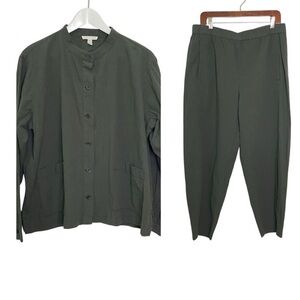 Eileen Fisher Sz L Organic Cotton Green Pucker Shirt Jacket & Pants 2 Piece Set